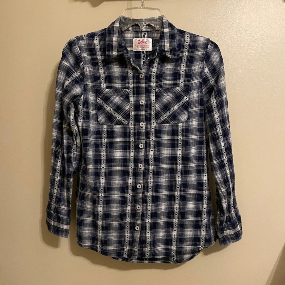 Justice Blue and White Plaid Top